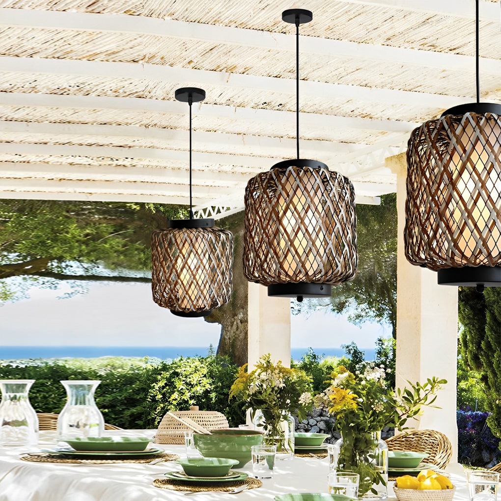 Rustic Modern Outdoor Hanging Chandelier — Iron and Rattan, E27, 10.2" Diameter, Waterproof