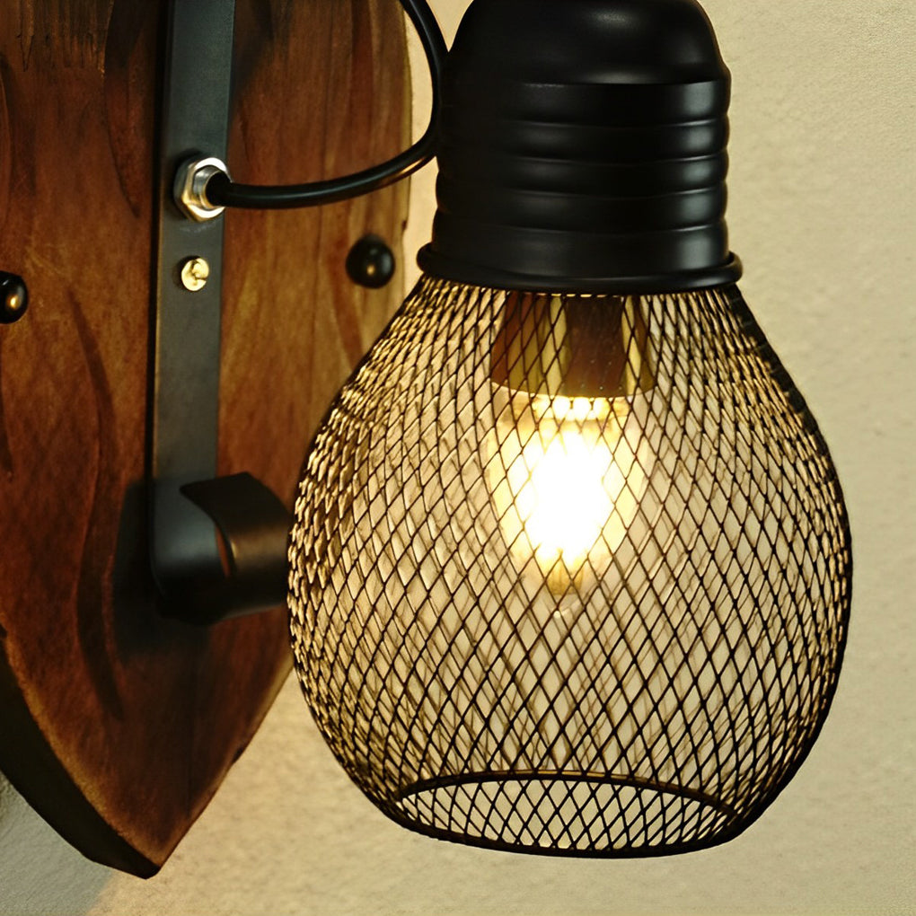 Industrial Rustic Wall Sconce — Antique Wood and Black Iron Hollow Mesh, E27, Hardwired, Max 40W