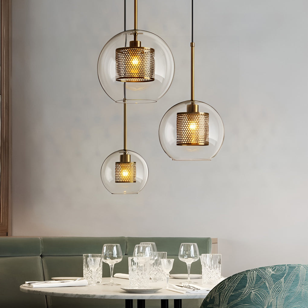 Industrial Minimalist Round Glass Pendant Light — Clear Glass, LED, Kitchen Island