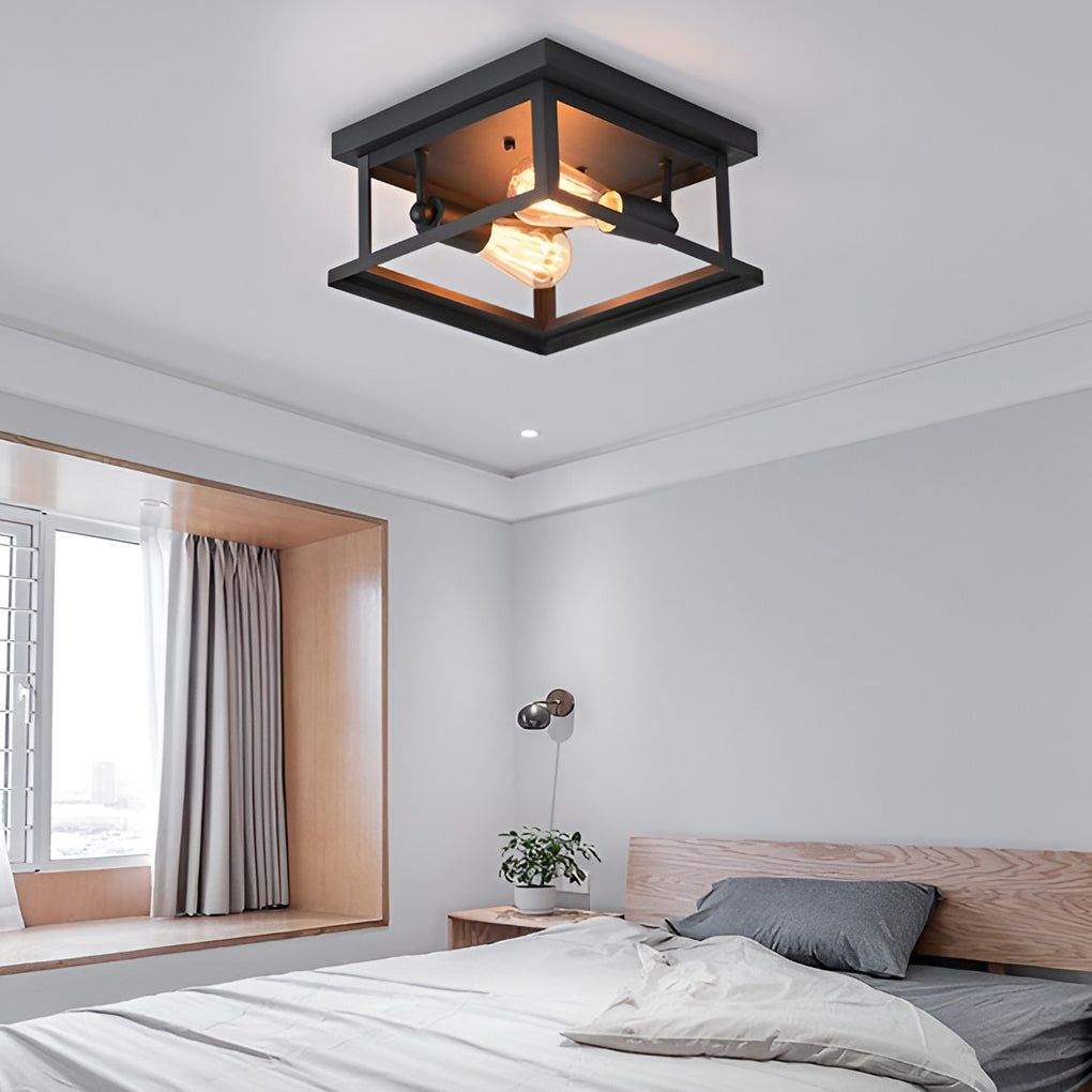 Square Industrial Flush-Mount Ceiling Light — Black Iron, Retro, 11" x 11"
