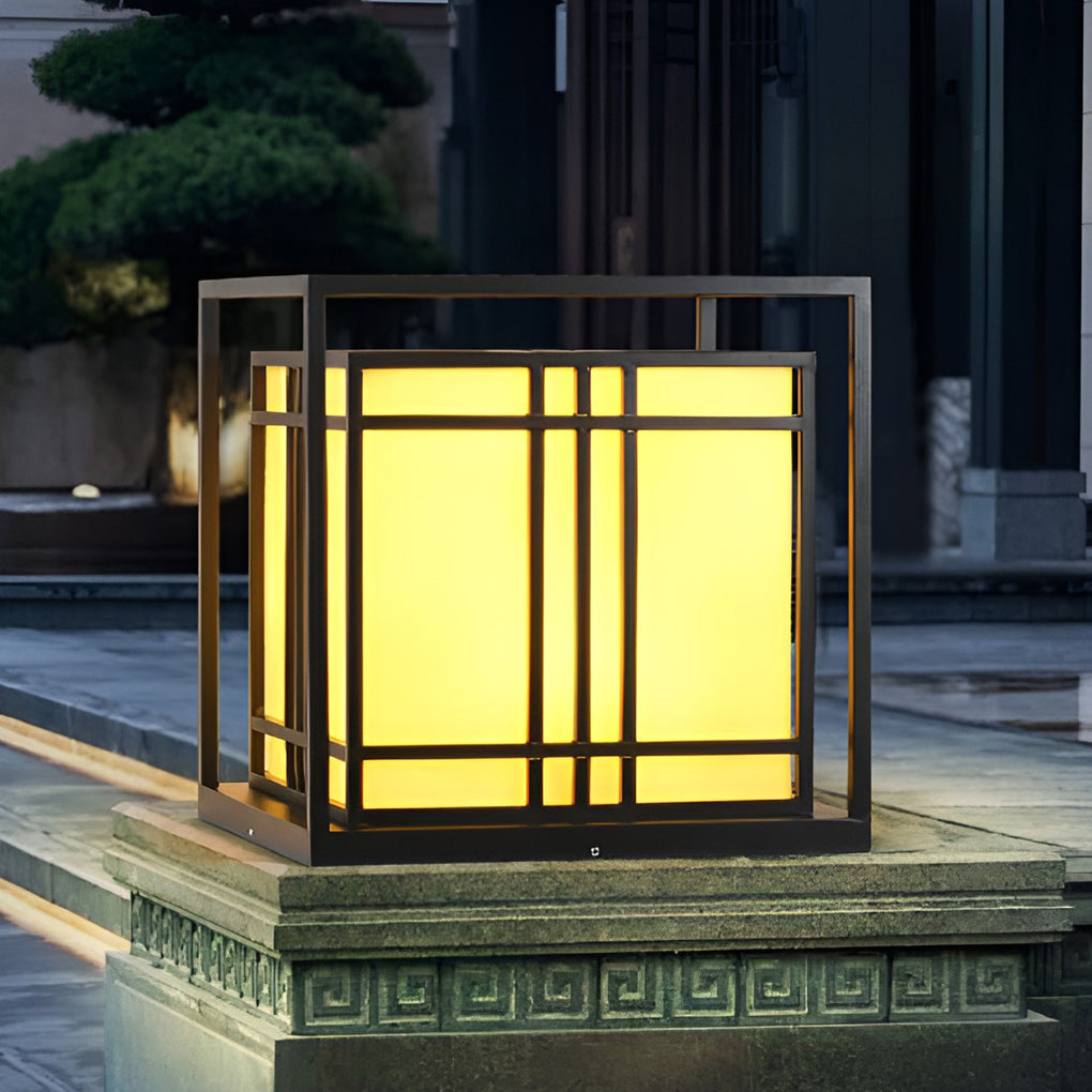 Square Outdoor Post Cap Light — Black Galvanized Steel, Imitation Marble Shade, LED, Waterproof, Hardwired