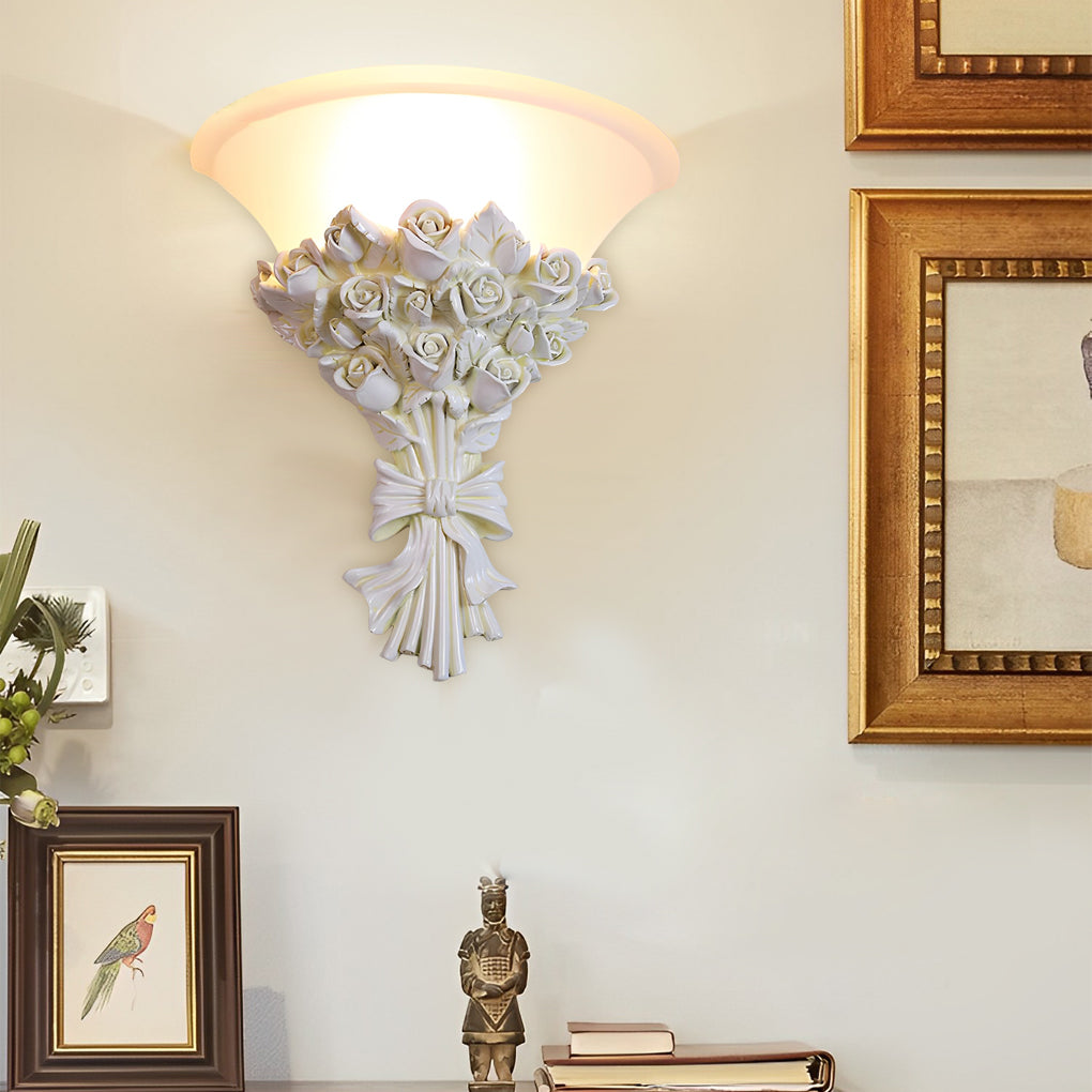 Resin Roses Bouquet Wall Sconce — Glass Shade, Gold or White, E27, 3000K, 12.2" × 12.6"