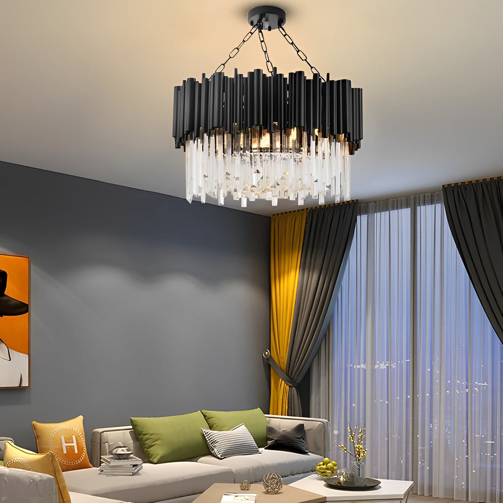 Circular Crystal Chandelier — Black Metal, Postmodern, LED 3000K, 24" or 31"