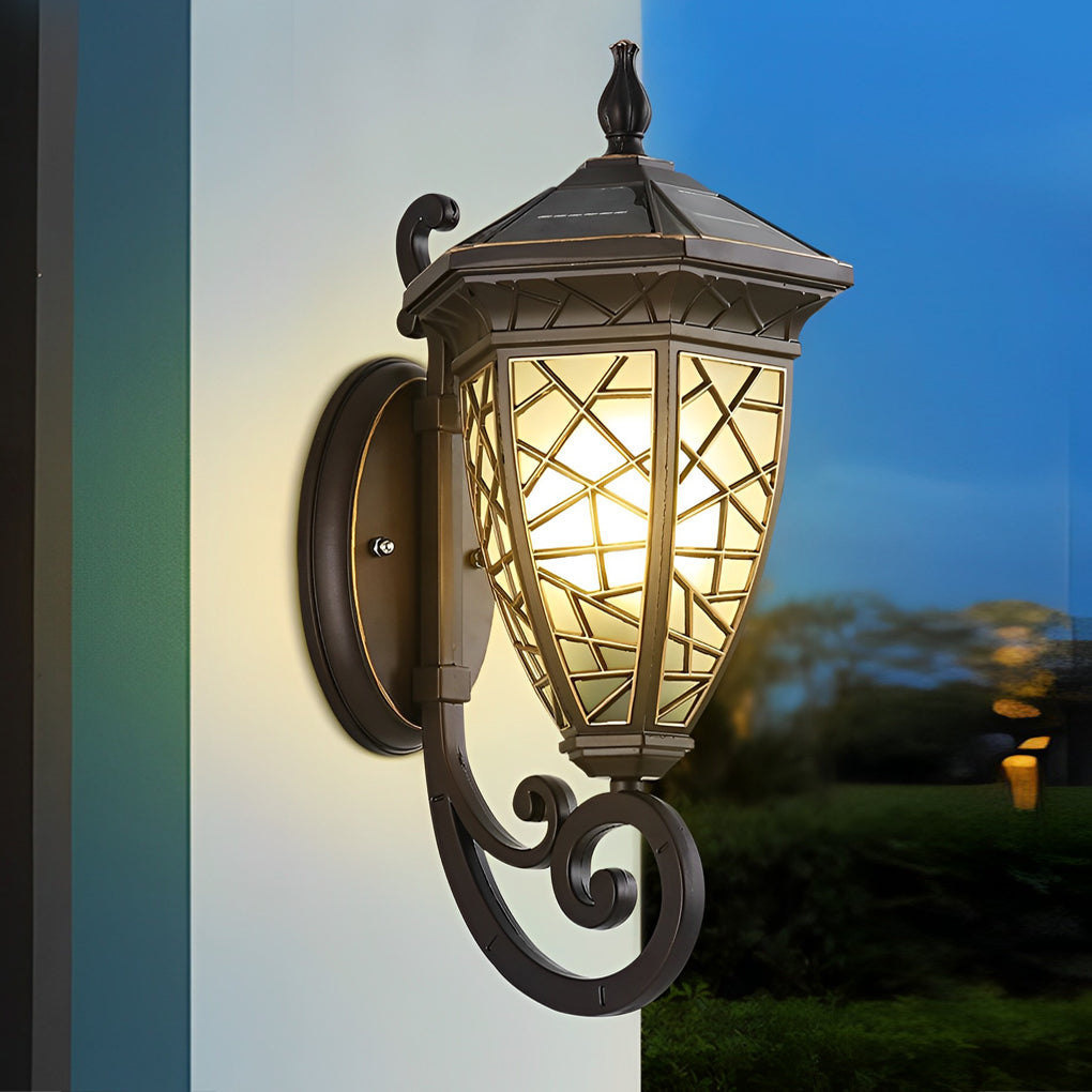 Retro-Pattern Solar Outdoor Wall Sconce — Die-Cast Aluminum, Black, IP55 Weatherproof
