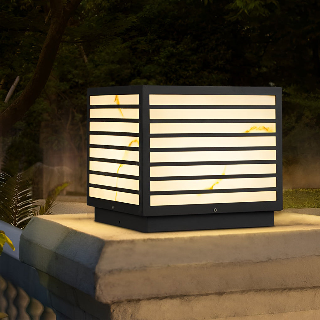 Modern Square Outdoor Pillar Post Light — Stainless Steel, Faux Marble, Solar / Hardwired, IP65