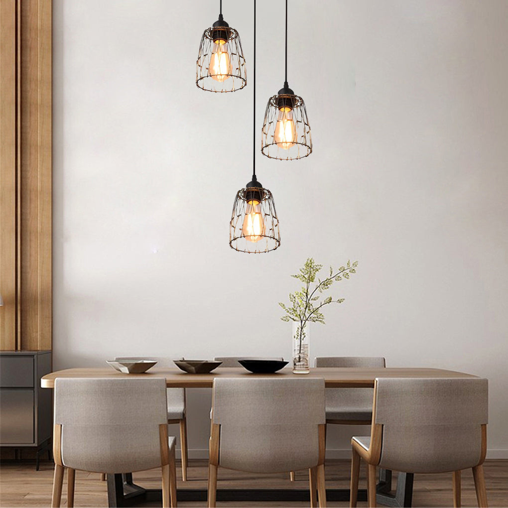 Retro Industrial Iron Cage Chandelier — Black, 3-Light, Adjustable Wire, LED-Ready