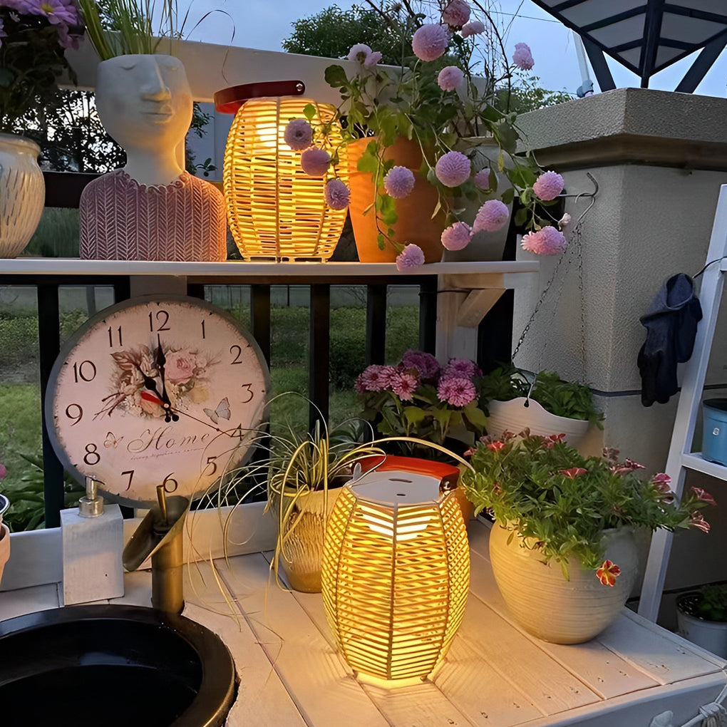 Rustic Modern Solar Outdoor Lantern — Hand-Woven Rattan, LED, IP54 Waterproof, Portable