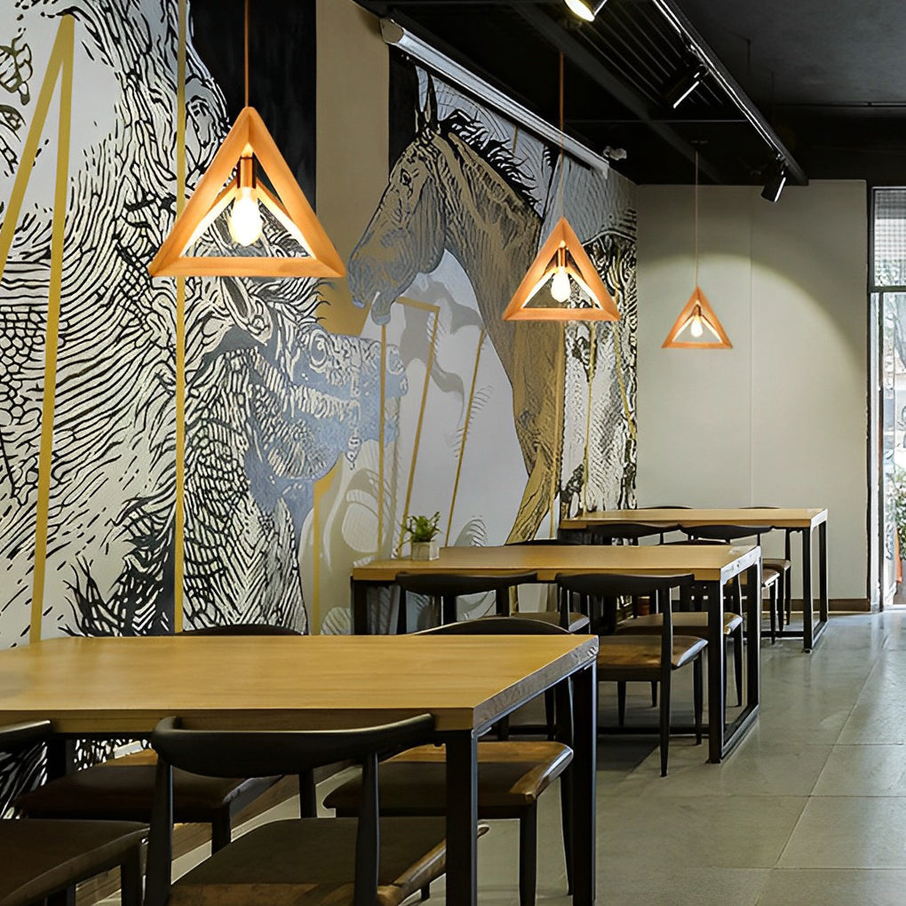 Geometric Wood Frame Pendant Light — Rustic Modern, E27, Adjustable 59" Cord