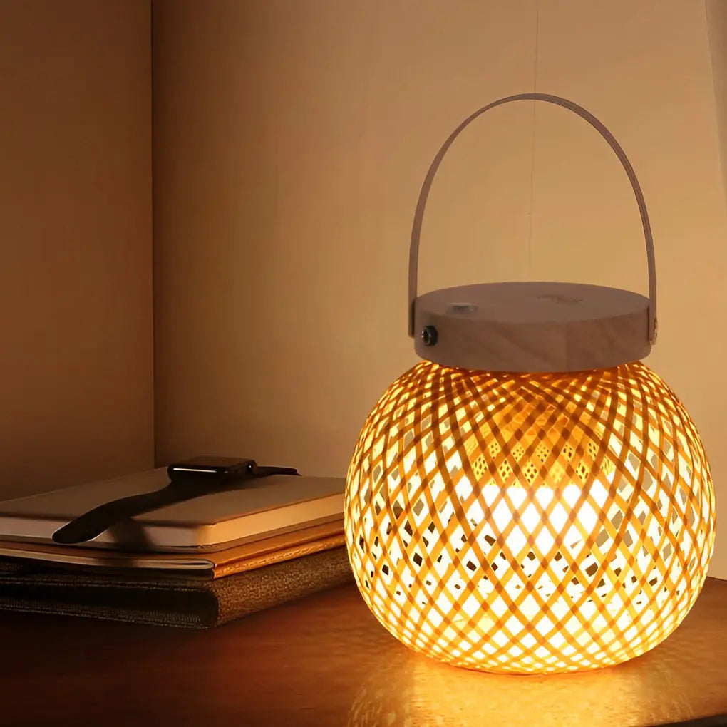 Portable Rustic Bamboo Lantern Table Lamp with Handle - Woven Design Luxe