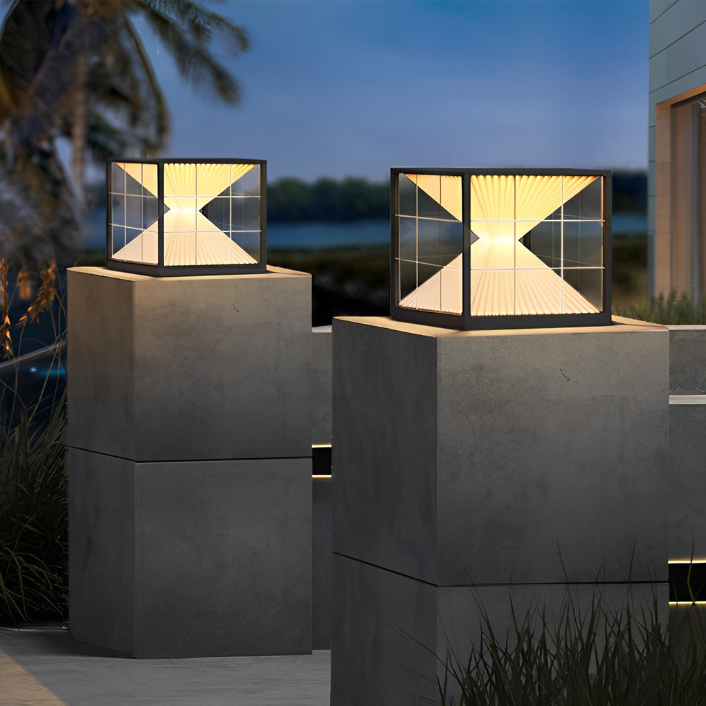 Square Hourglass Solar Fence Post Light — Stainless Steel & Acrylic, LED 3000K, IP65 Weatherproof, Black