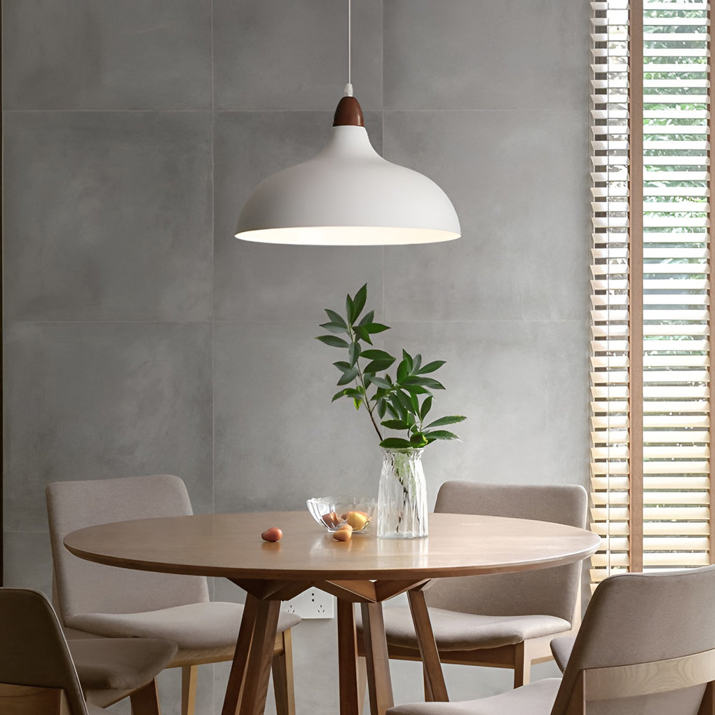 Round Wood Grain Pendant Light — Iron and Walnut, E27 12W, 14" Diameter, 47" Adjustable Cord