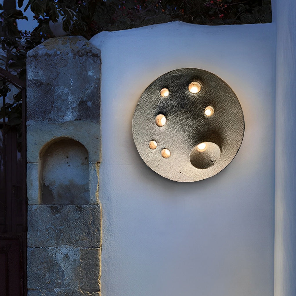 Lunar Crater Round Outdoor Wall Sconce — Stone, LED, IP65 Weatherproof, 12" or 18", 3000K Warm White