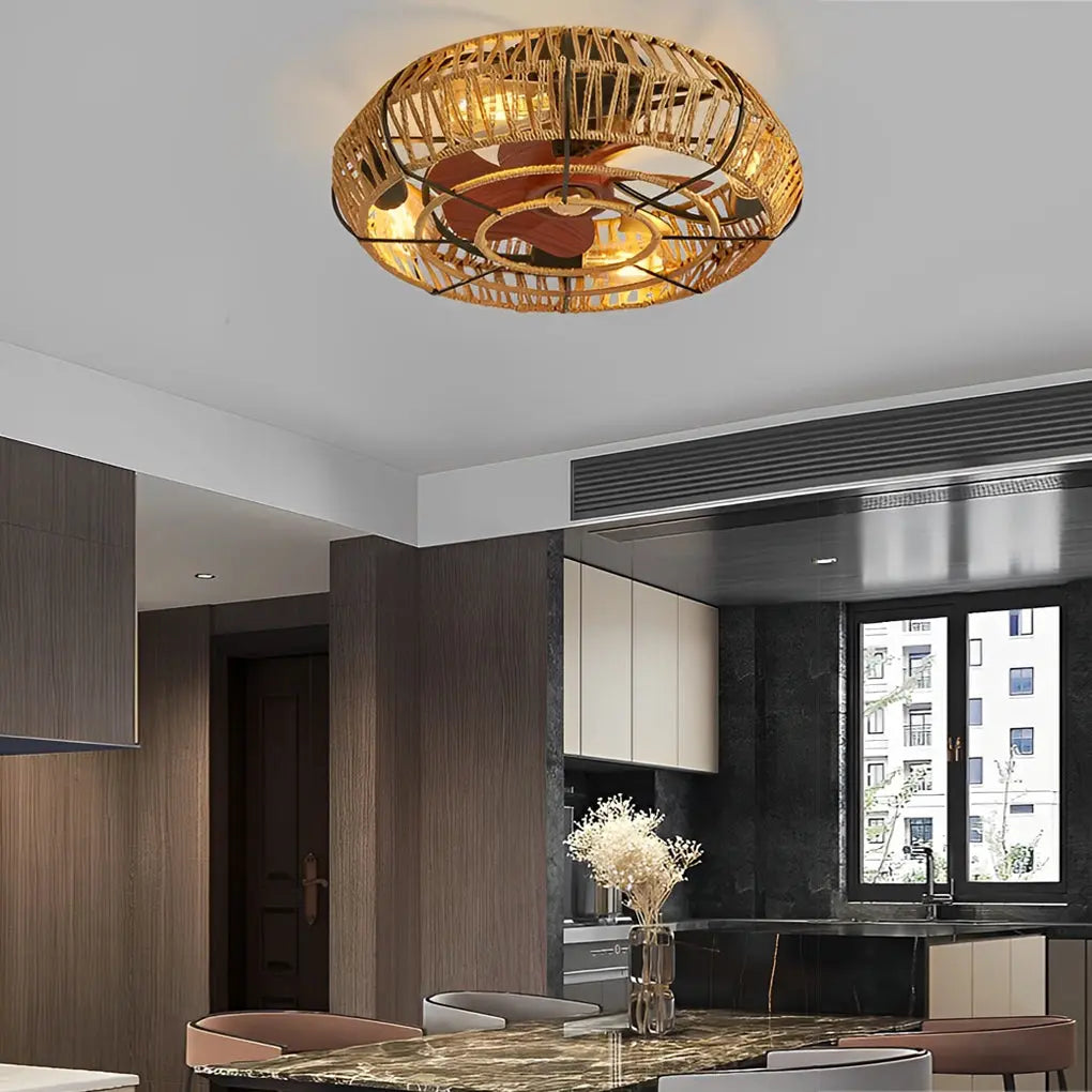 Industrial Style Inverter Ceiling Fan Lamp with Creative Rattan and Iron Design Luxe