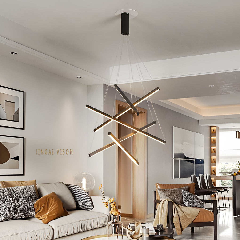 Minimalist Strip LED Chandelier — Black Metal, Stepless Dimming, Remote Control, 3- to 9-Light