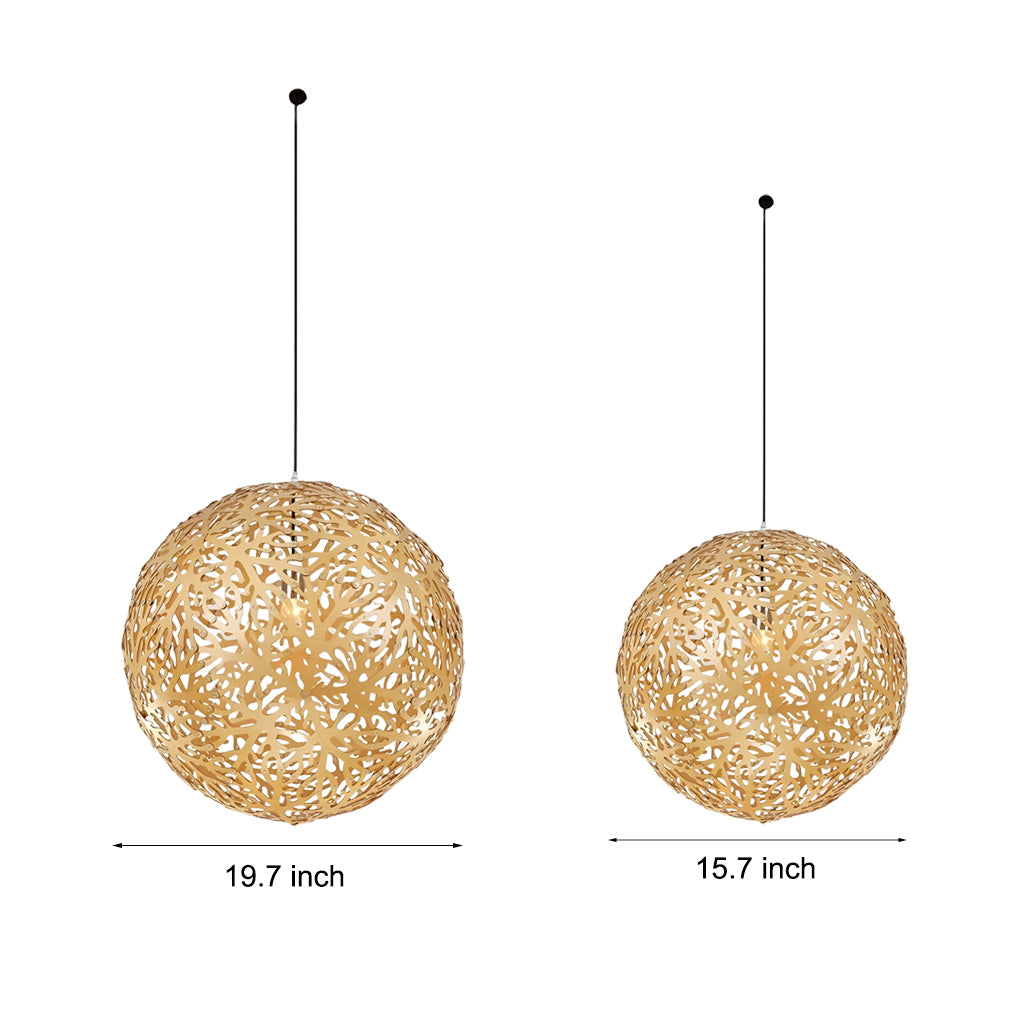 Hollowed Basswood Ball Pendant — Handmade Wood, E27, Rustic Modern, 15.7" or 19.7"