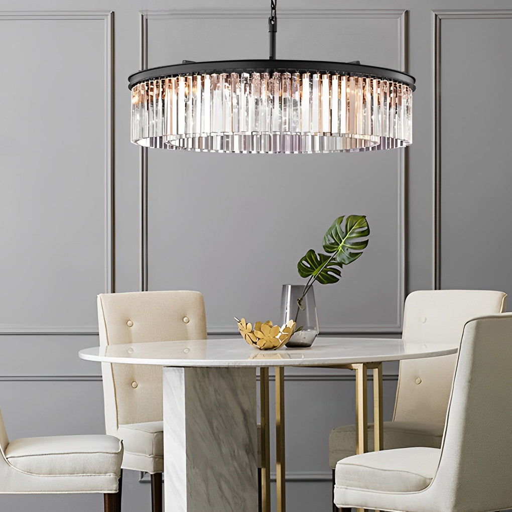 Round Crystal Strip Chandelier — K9 Crystal and Metal, Mid-Century Modern, 3000K Warm White, 21.7" or 33.5"
