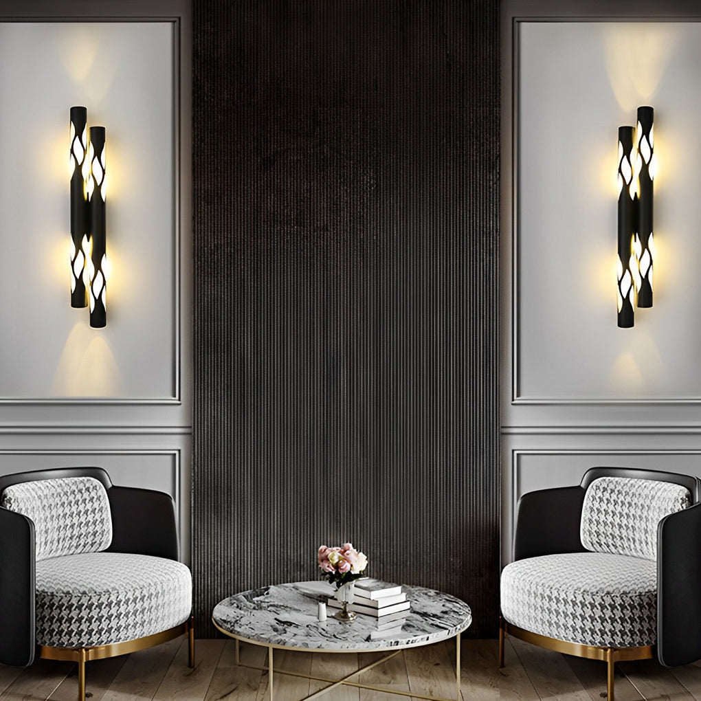 Flame Hollow Up/Down Wall Sconce — Metal and Acrylic, LED, 4" × 26", Black or Titanium Gold