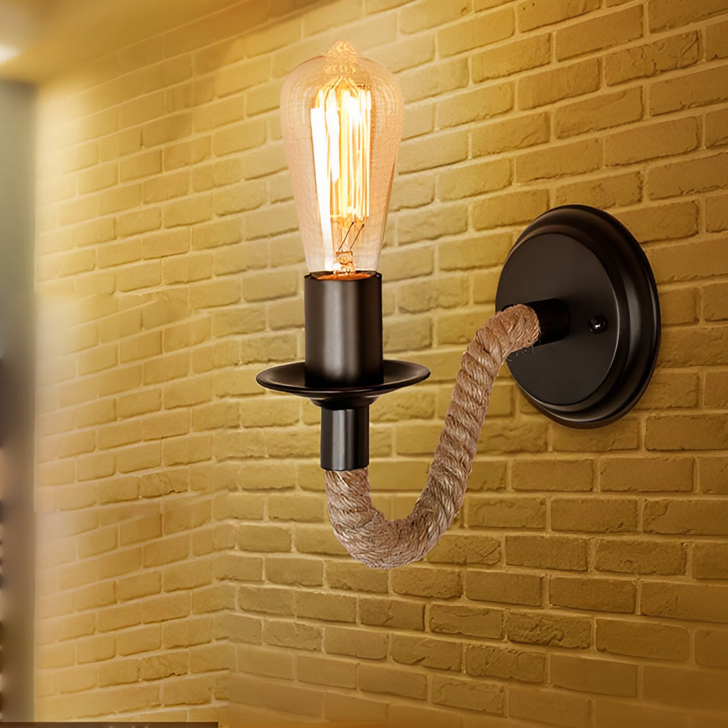 Retro Industrial Wall Sconce — Iron and Rope, E27, 10" × 5" × 6"