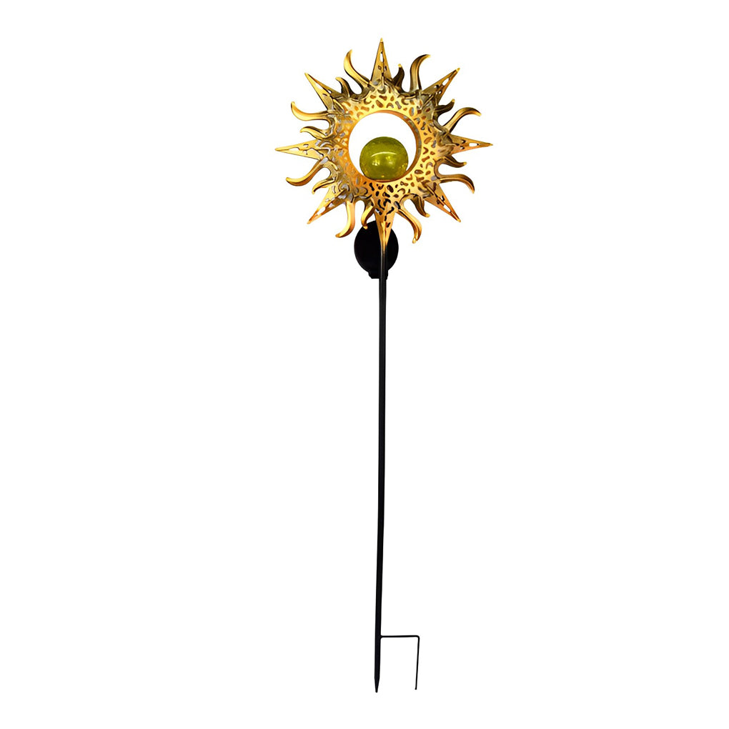Moon, Sun & Flame Hollow Iron Solar Garden Stake Light — Cracked Glass Globe, LED, IP55 Weatherproof