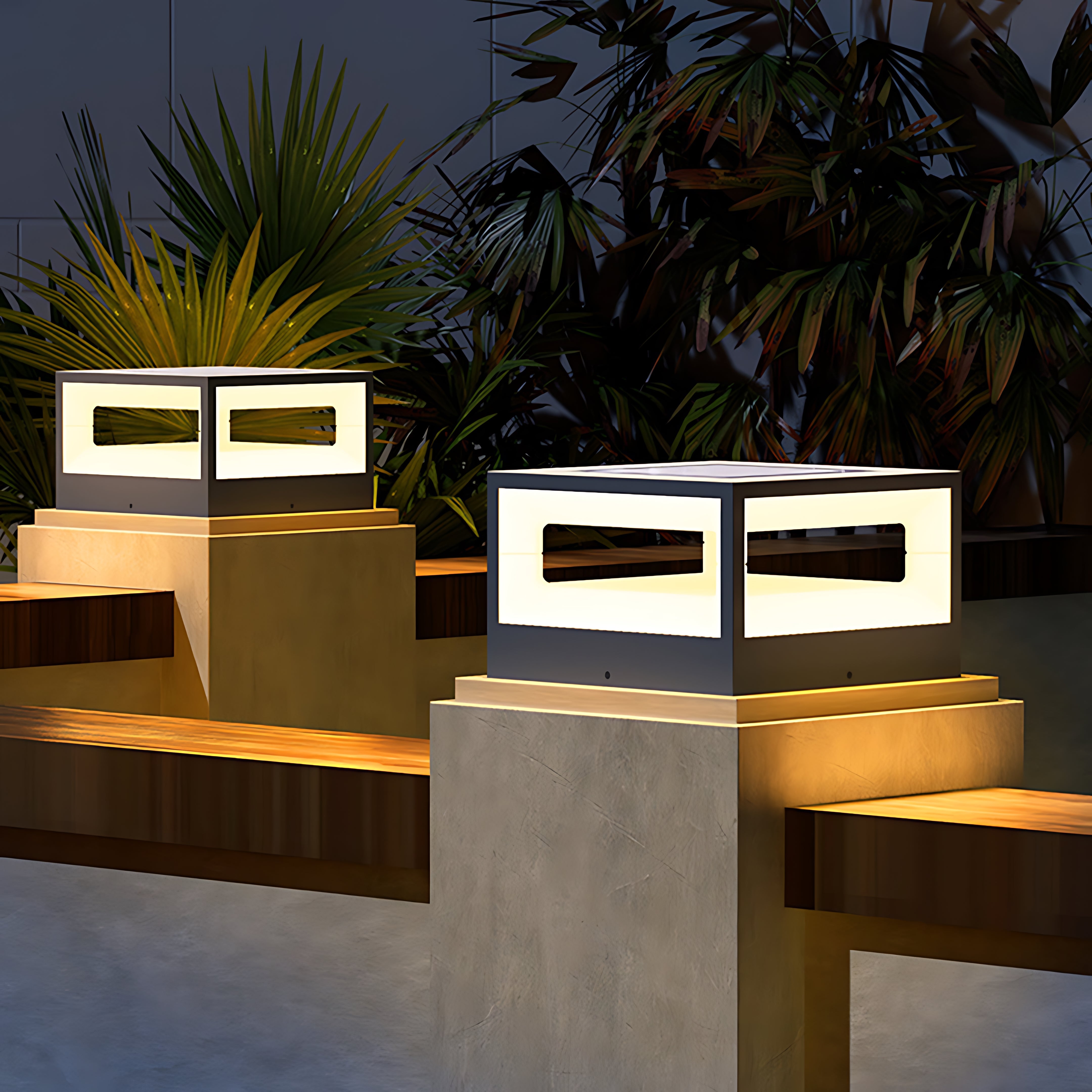 Hollow Square Outdoor Pillar Light — Stainless Steel, LED 3000K, Solar / Hardwired, IP65 Weatherproof