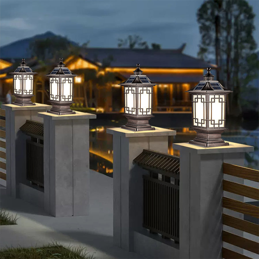 Lantern-Style Outdoor Pillar Light — Aluminum & Glass, Solar or Hardwired, 3-Step Dimming (3000K/4500K/6000K), IP65, E27