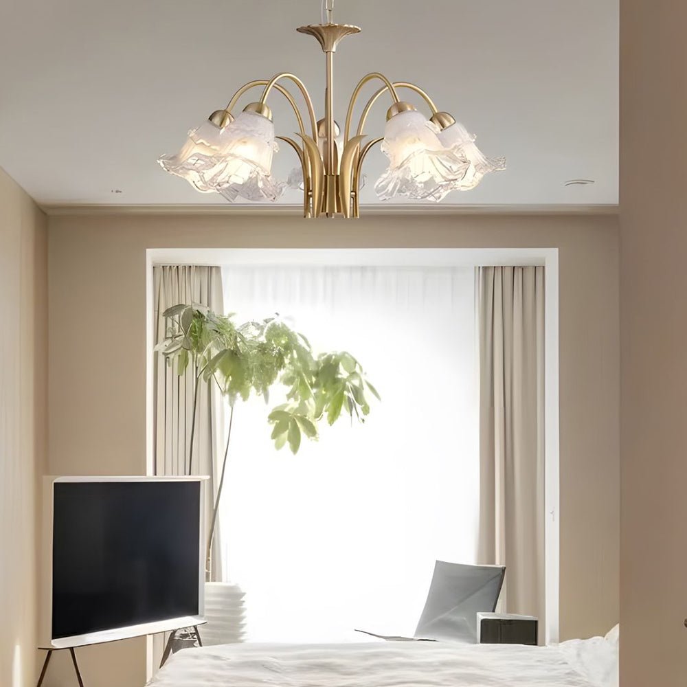 French Pastoral Gold Fixture: 6/8-Light Glass Lily Chandelier