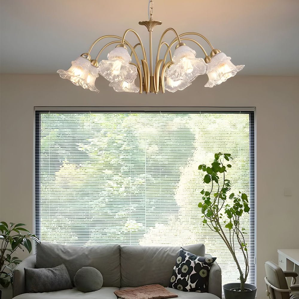 French Pastoral Gold Fixture: 6/8-Light Glass Lily Chandelier