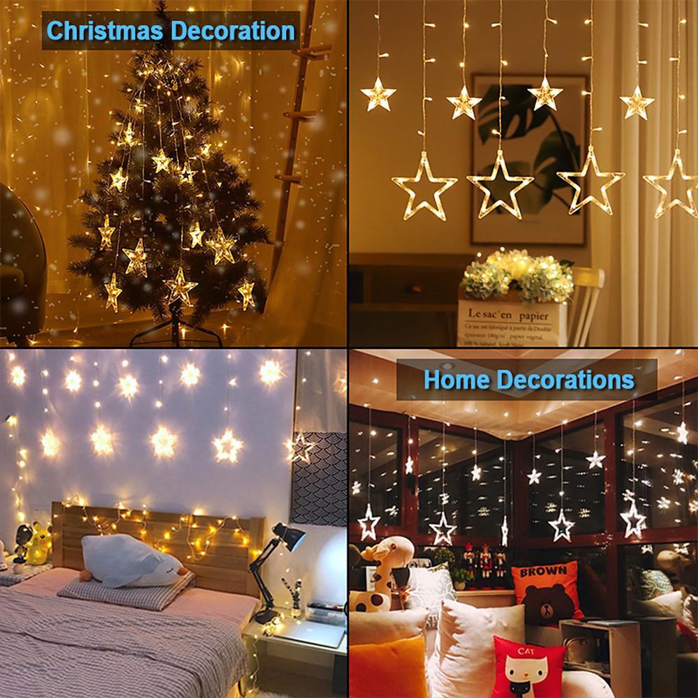 Acrylic Star LED Curtain String Lights — 216 Bulbs, 8.2 ft, 8 Modes, IP44, Warm White