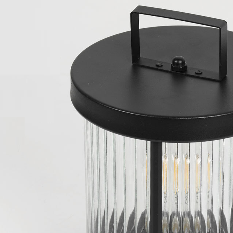 Striped Glass Cylinder Portable Outdoor Lantern — Stainless Steel Handle, LED, Solar / Hardwired, IP54, Warm White 3200K