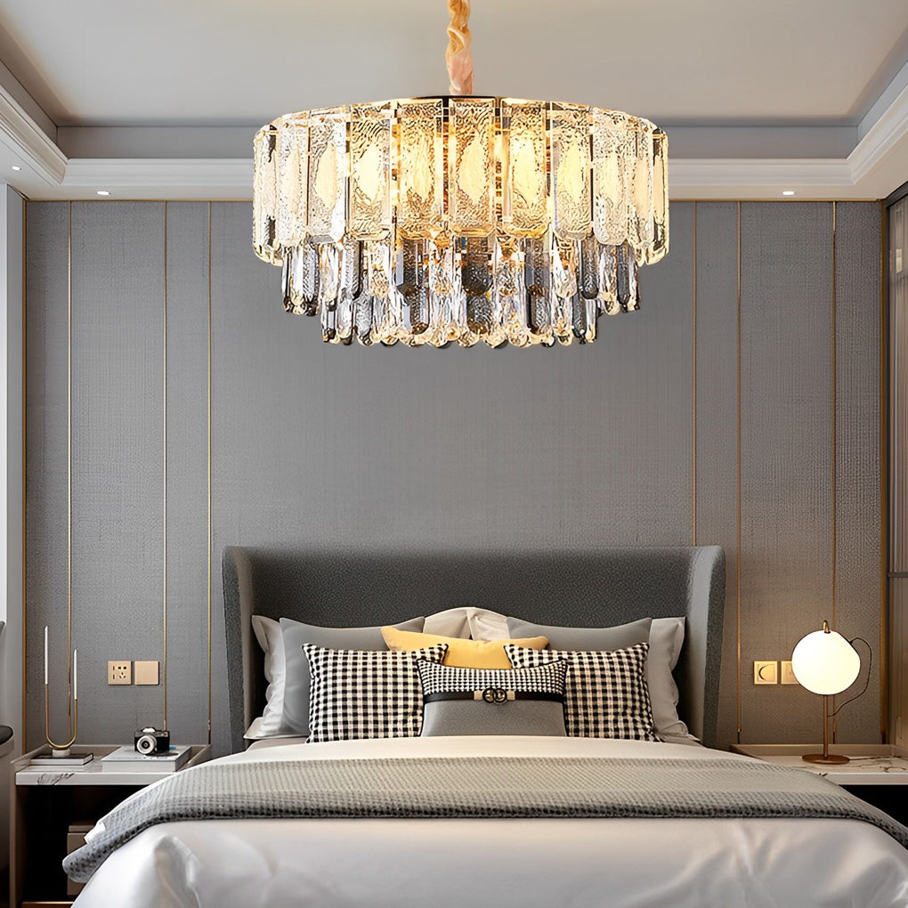 Postmodern Round Crystal Strip Chandelier — Electroplated Hardware, E14, Three-Step Dimming (3000K / 4500K / 6000K)