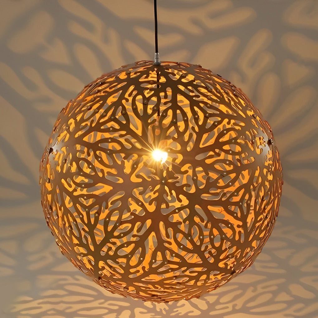 Hollowed Basswood Ball Pendant — Handmade Wood, E27, Rustic Modern, 15.7" or 19.7"