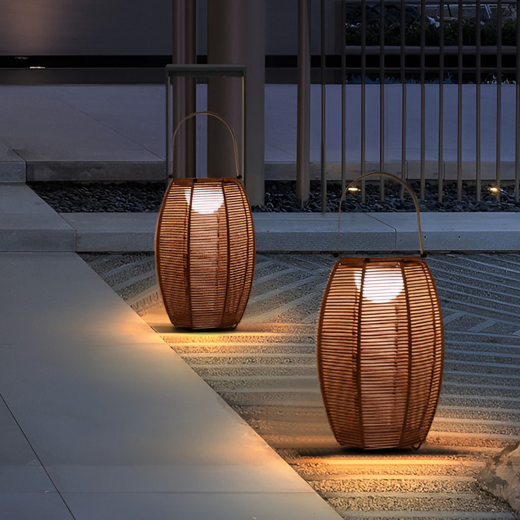 Rattan Lantern Portable Outdoor Floor Lamp — Solar LED, IP65 Weatherproof, 11" × 16", Motion Sensor