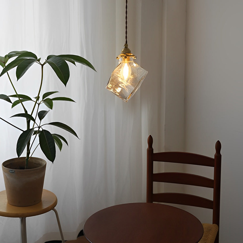 Square Transparent Glass Mini Pendant — Brass and Iron, E14, 4"W × 8"H, 59" Adjustable Wire