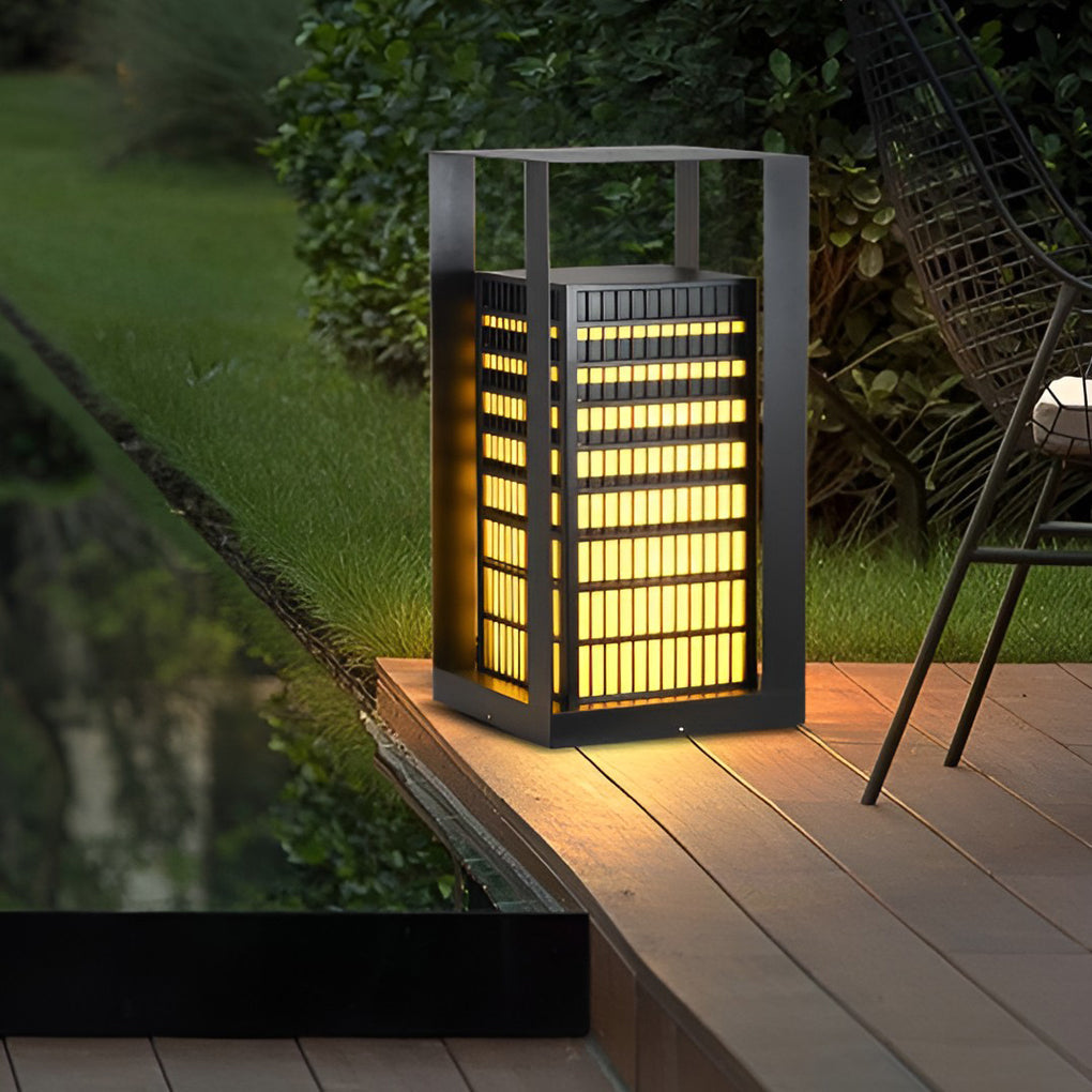 Cuboid Industrial LED Outdoor Pathway Lantern — Black, Galvanized Steel and Faux Marble, IP55 Weatherproof