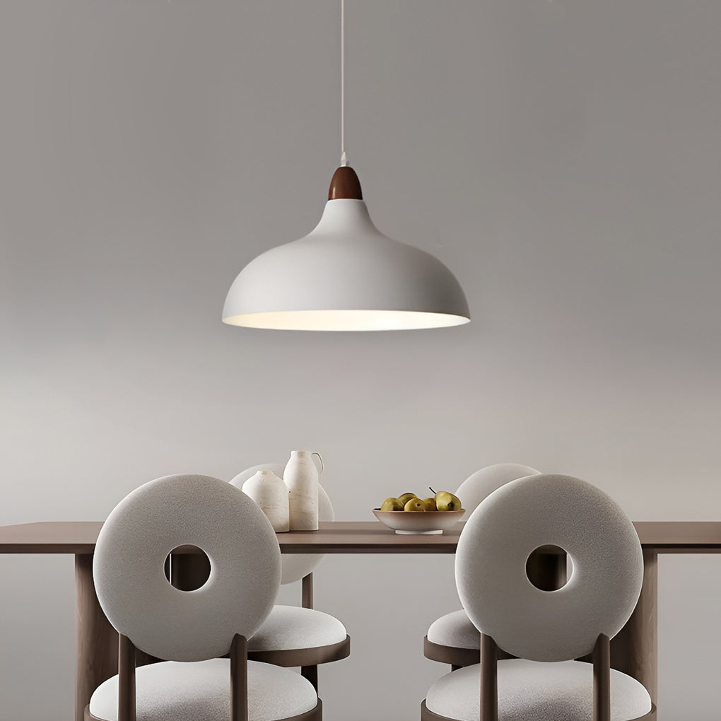 Round Wood Grain Pendant Light — Iron and Walnut, E27 12W, 14" Diameter, 47" Adjustable Cord