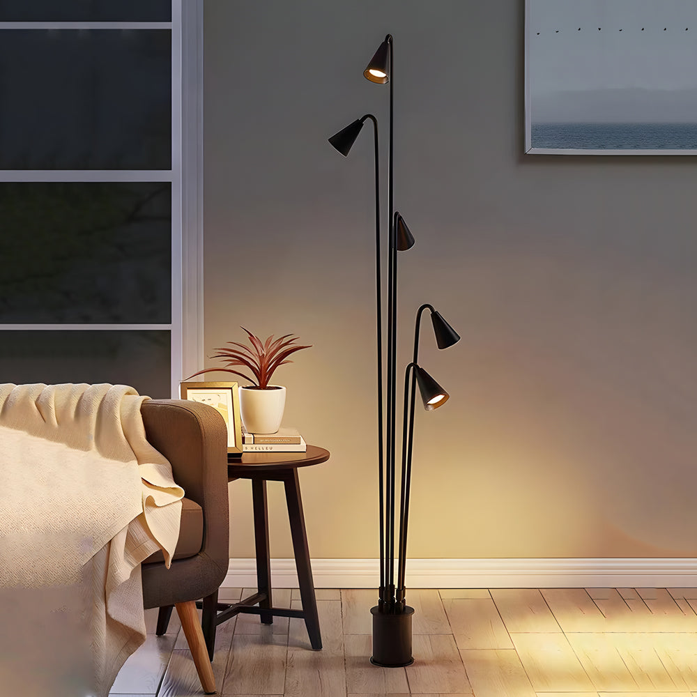 Multi-Head Industrial Outdoor Floor Lamp — Die-Cast Aluminum, Black, 360° Rotation, IP55, Hardwired, 3-Light or 5-Light