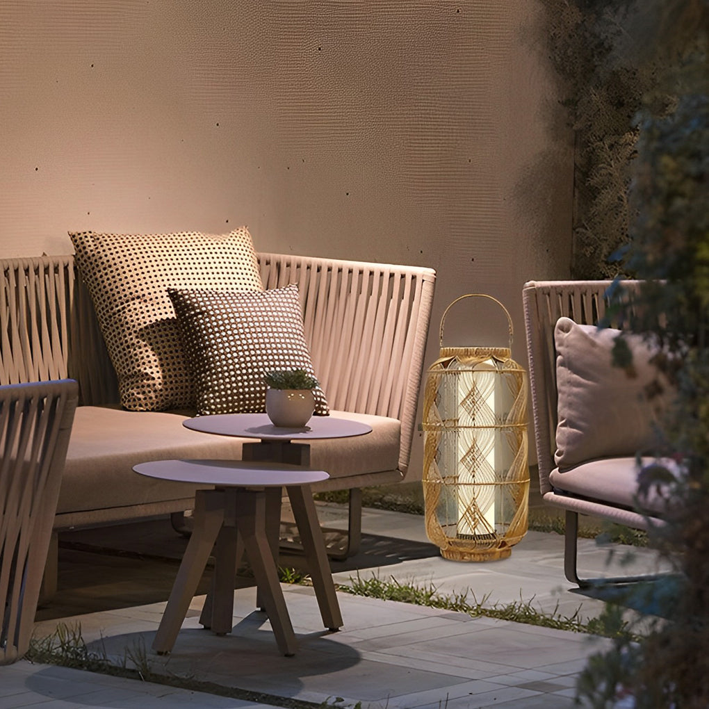 Rattan Solar Floor Lamp — PE Rattan and Iron, LED 3000K Warm White, Portable, Waterproof, 12" x 29"