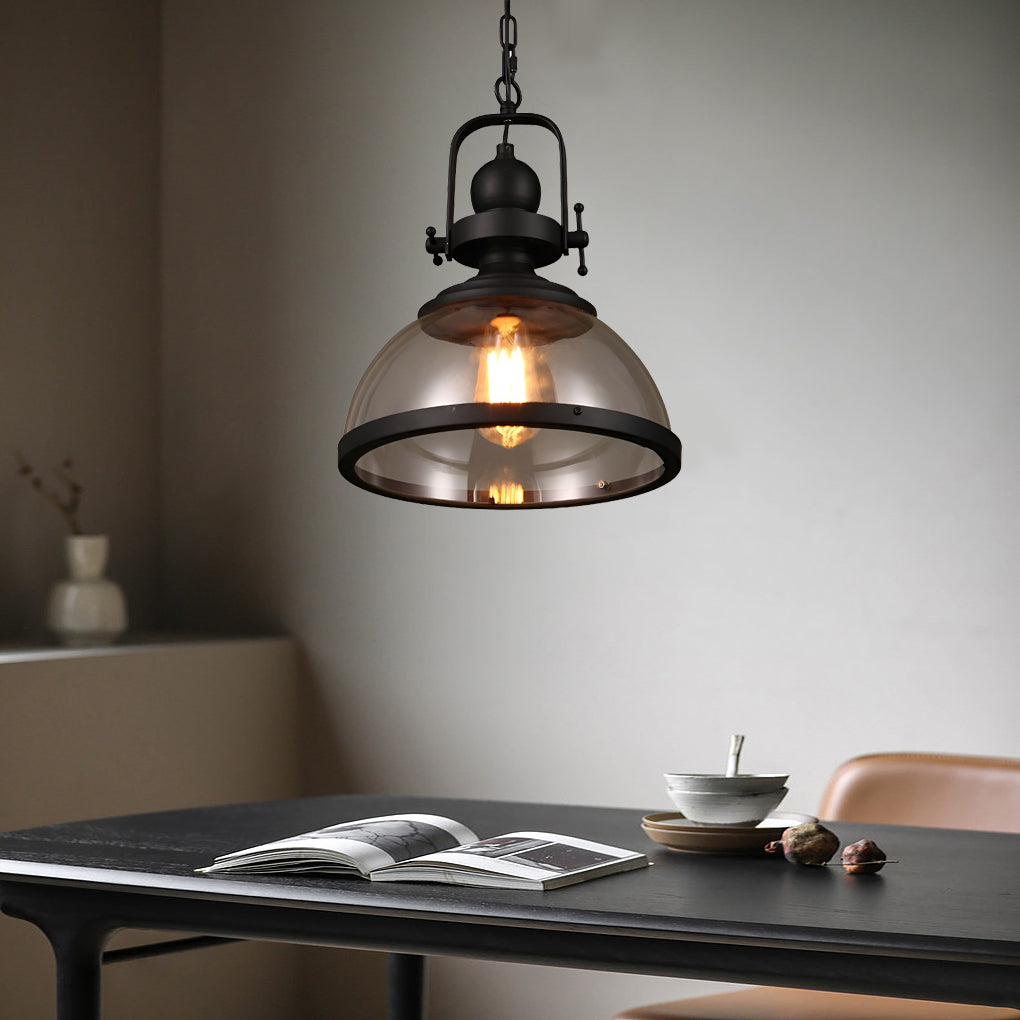 Retro Industrial Bowl Pendant Light — Iron and Antique Glass, E27, Hardwired, 12.2" Diameter