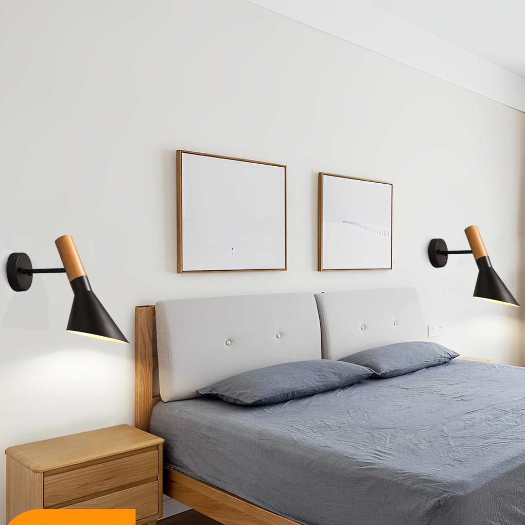 Retro Industrial Plug-in Wall Sconce — Wood and Iron, E27 LED, 12", Black or White