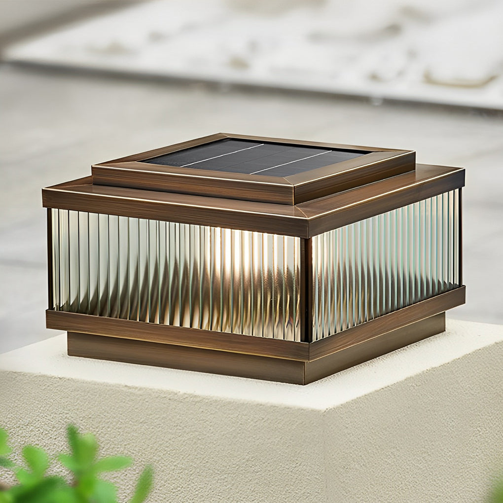 Modern Square Solar Fence Post Light — Copper and Tempered Glass, Remote Control, Intelligent Timing, Waterproof