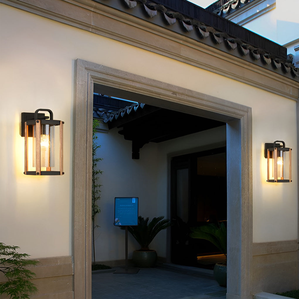 Black Glass Lantern Outdoor Wall Sconce — Die-Cast Aluminum, Industrial, Wood Grain Finish, 3200K