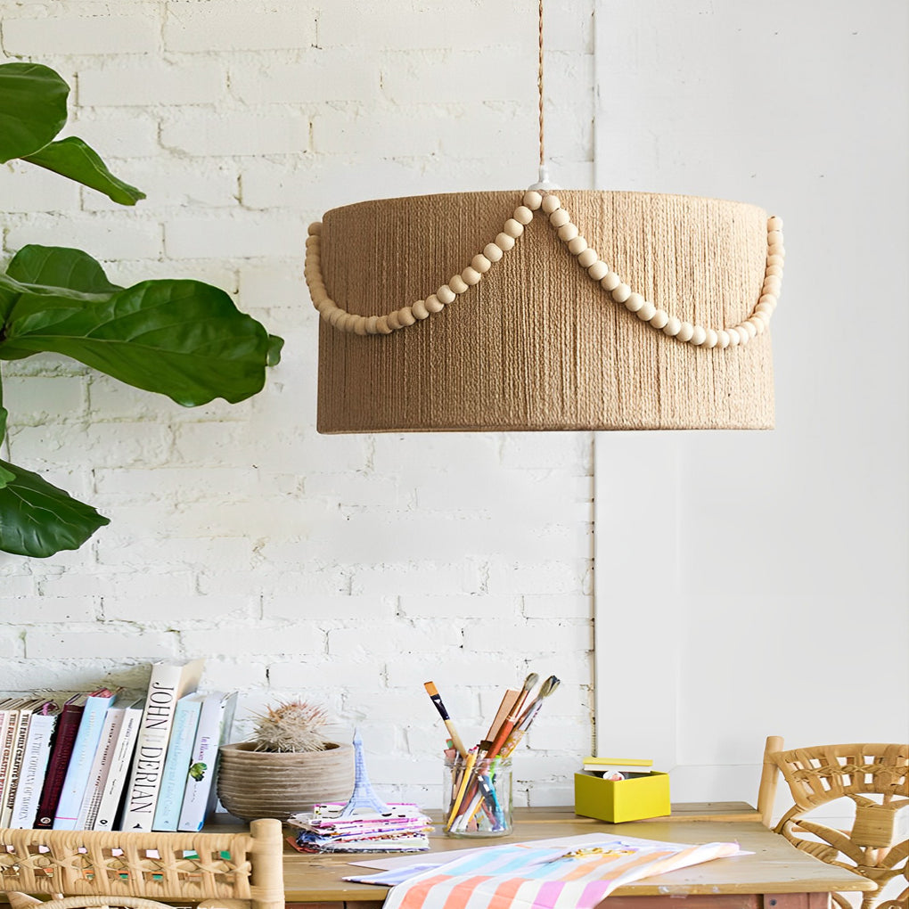 Bohemian Pendant Chandelier — Hemp Rope, Wood Beads and Tassels, E27, 16" or 20" Diameter