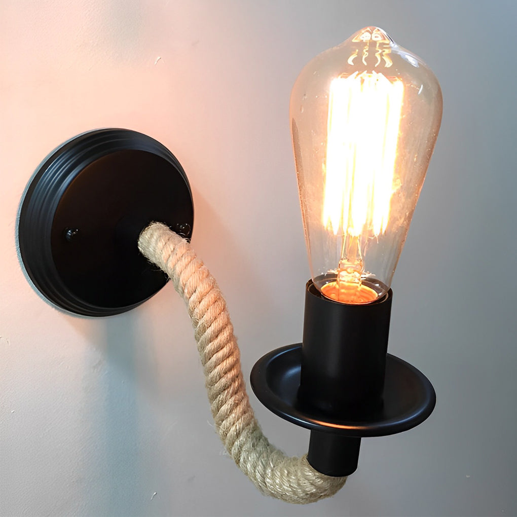 Retro Industrial Wall Sconce — Iron and Rope, E27, 10" × 5" × 6"