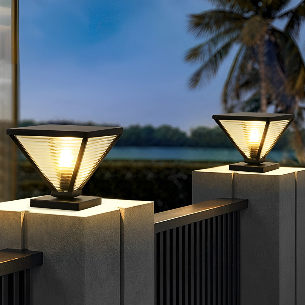 Geometric Solar Fence Post Light — Stainless Steel and Glass, Black, LED 3000K, IP-Rated Weatherproof