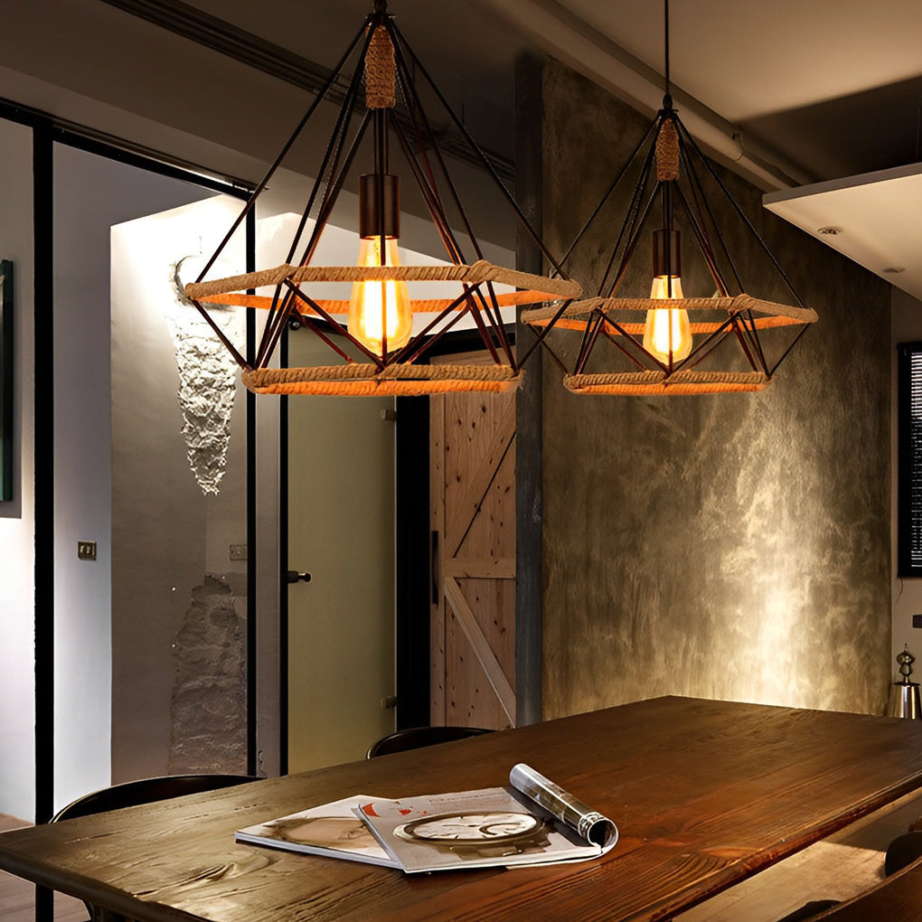 Rustic Geometric Rope Lantern Pendant — Black Iron, Industrial, E27, 51" Adjustable Wire