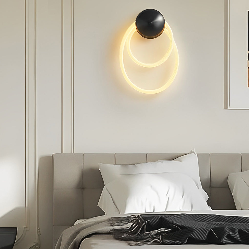 Round Handwoven Nylon Wall Sconce — Black, LED, 3000K Warm White, 1-Ring & 2-Ring Variants