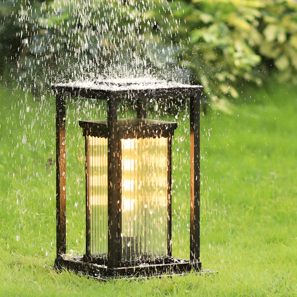 Square Solar Bollard Path Light — Black Die-Cast Aluminum, Ribbed Glass, 3000K LED, Auto Dusk-to-Dawn