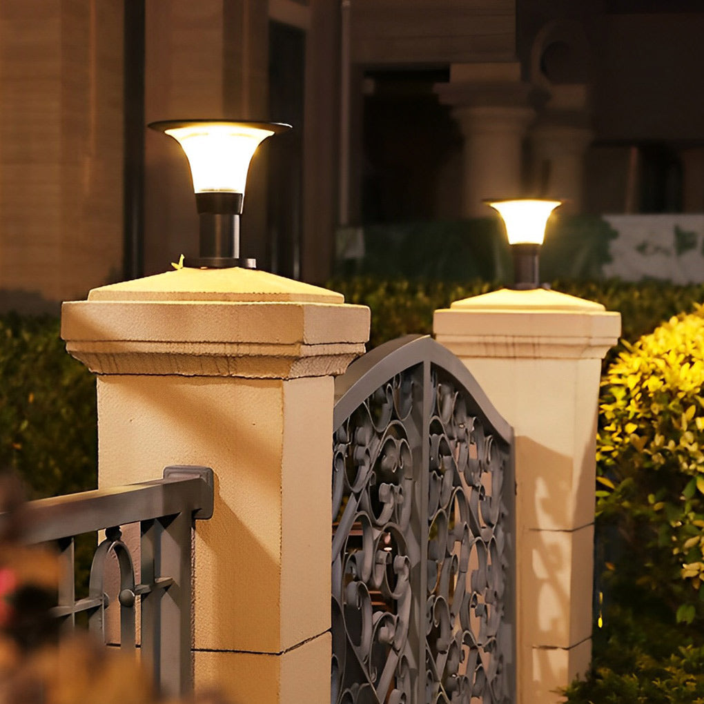 Modern Black Round Solar Post Cap Light — Die-Cast Aluminum, LED, Dimmable, IP55, Warm/White, 9" Diameter