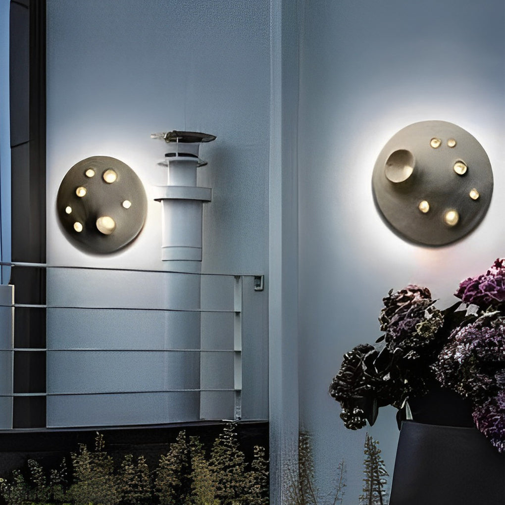 Lunar Crater Round Outdoor Wall Sconce — Stone, LED, IP65 Weatherproof, 12" or 18", 3000K Warm White