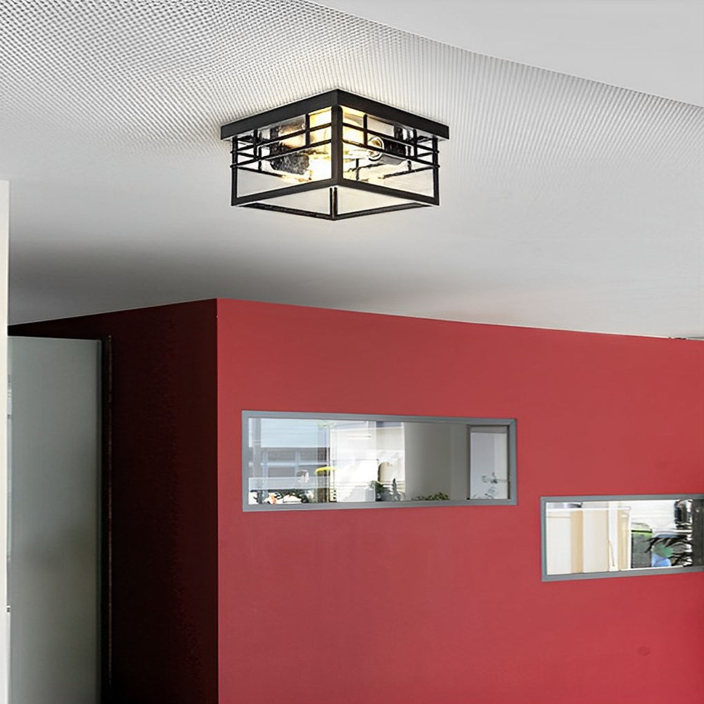 Rustic Geometric Outdoor Flush-Mount Ceiling Light — Die-Cast Aluminum, Black, Round & Square, 12", IP Waterproof, 3000K